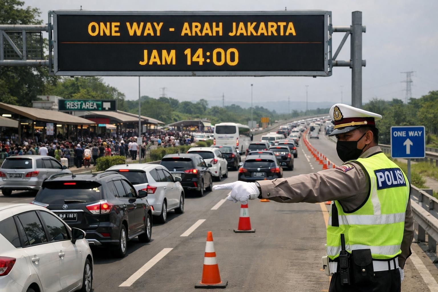 arus balik satu arah mulai berlaku hari ini pukul 14.00. kakorlantas memberikan imbauan penting bagi pemudik untuk keselamatan dan kelancaran perjalanan.