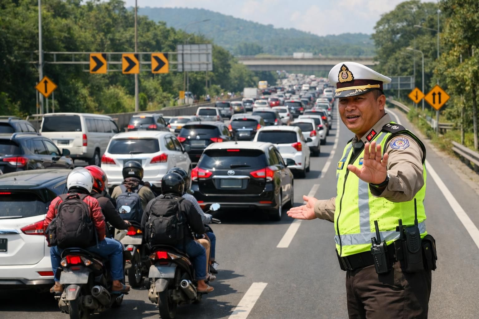arus balik satu arah mulai berlaku hari ini pukul 14.00. kakorlantas memberikan imbauan penting bagi pemudik agar tetap tertib dan aman selama perjalanan.