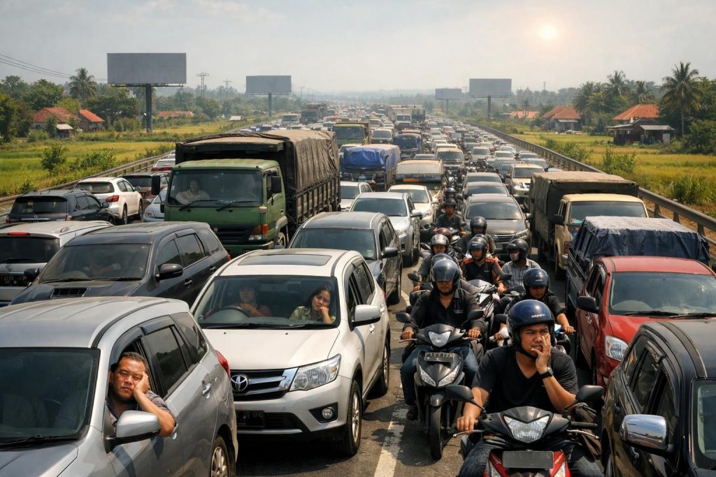 perjalanan dari bekasi ke tol cikampek memakan waktu hingga 5 jam akibat kemacetan parah. pemudik mengeluhkan kondisi lalu lintas yang padat dan rekor terlambat baru tercipta.