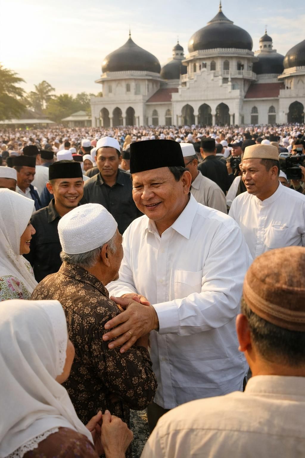 prabowo berbaur dengan jemaah masjid darussalam setelah shalat id, warga dengan antusias saling berebut untuk bersalaman dan menunjukkan kebersamaan.