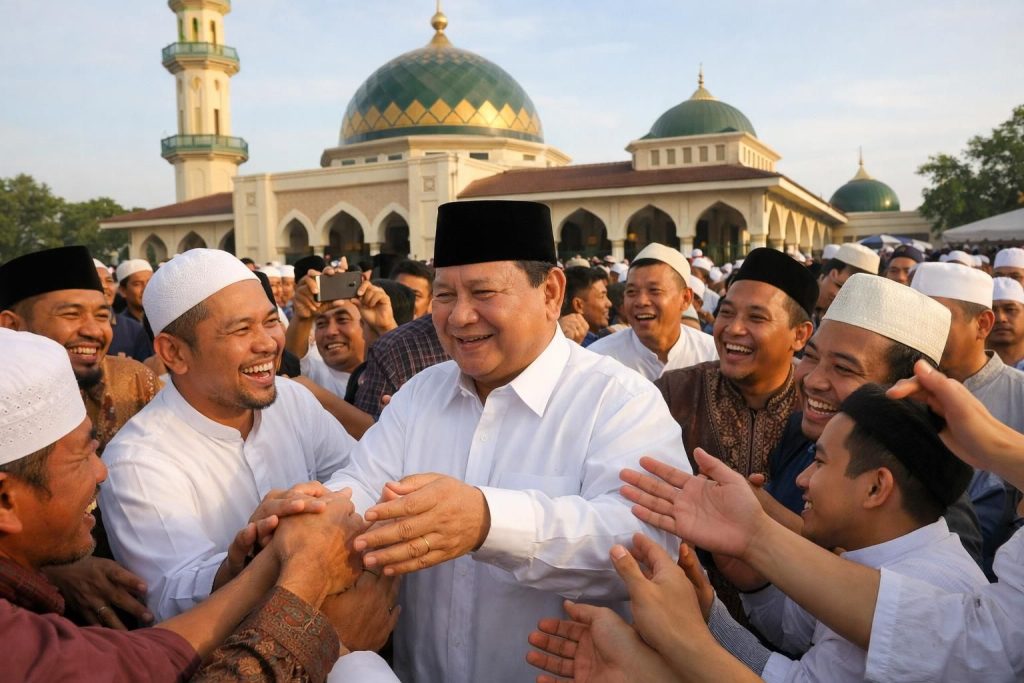 prabowo berbaur dengan jamaah masjid darussalam setelah shalat id, warga antusias berebut saling salam dan menyambut kehadirannya dengan hangat.