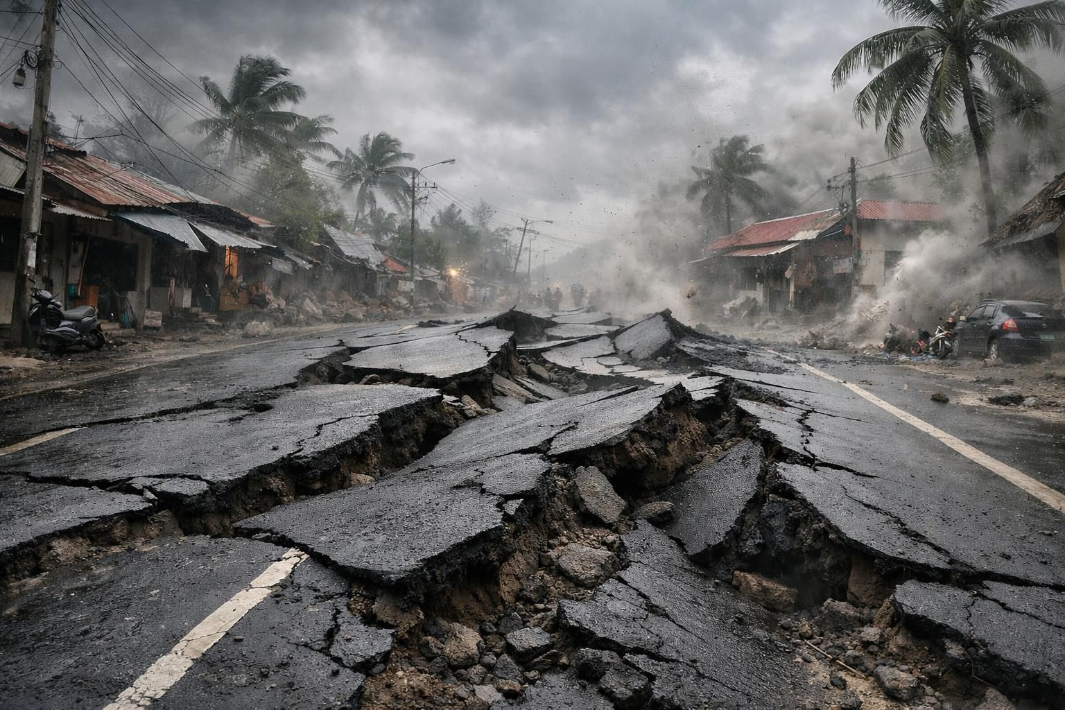 gempa dahsyat berkekuatan 7,6 sr mengguncang sulawesi utara dan maluku utara. getaran hebat membuat jalanan aspal bergoyang, menyebabkan kepanikan dan kerusakan di beberapa wilayah.
