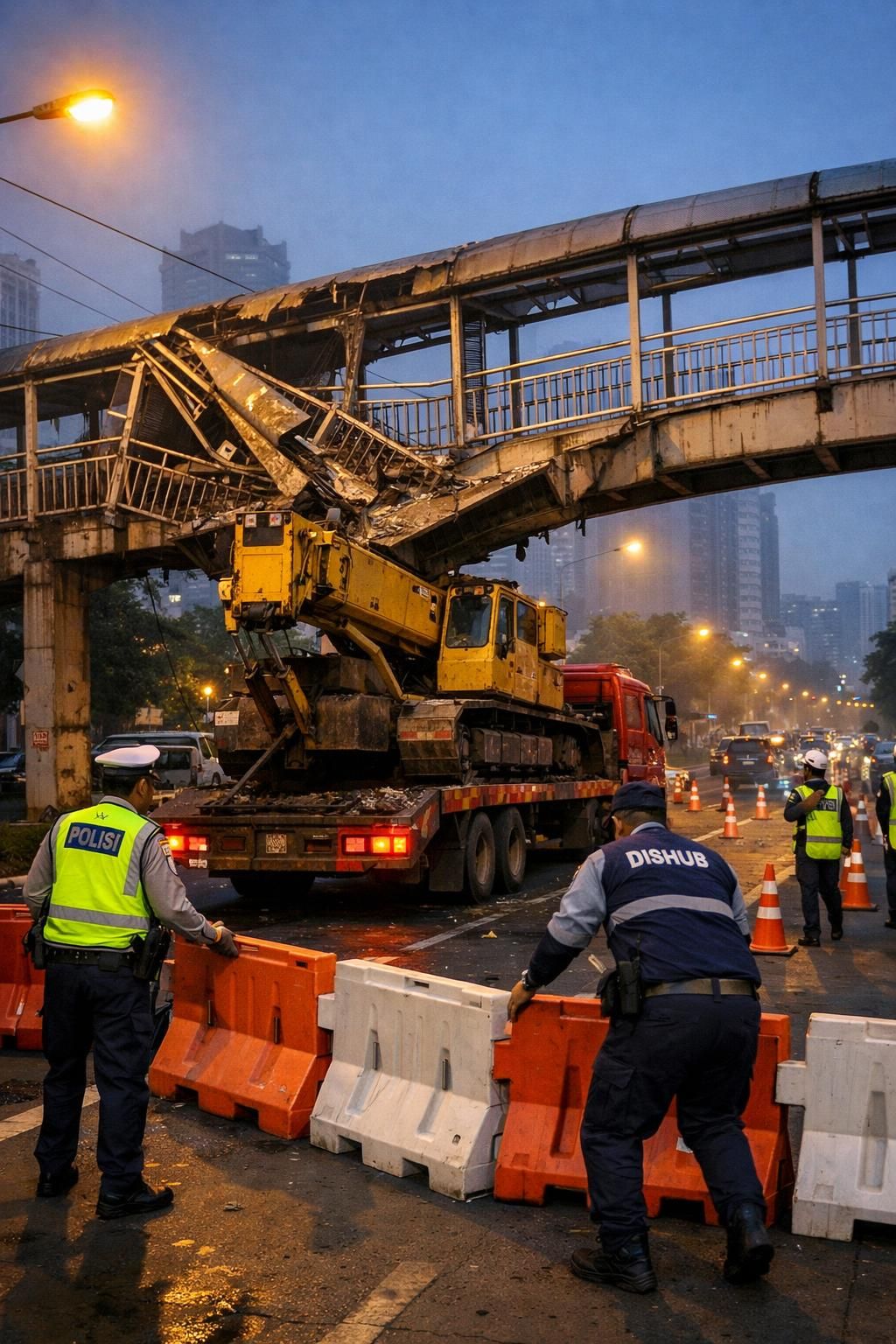 sopir truk angkut crane menjelaskan penyebab tabrak jpo tendean, yang disebabkan oleh fokus berlebihan pada peta navigasi sehingga mengabaikan kondisi sekitar.