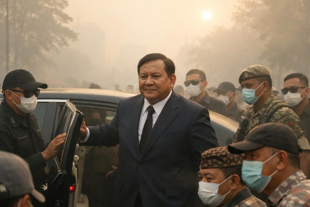 kedatangan prabowo di pekanbaru disambut dengan kabut asap tebal akibat kebakaran hutan dan lahan (karhutla) yang masih berlangsung.