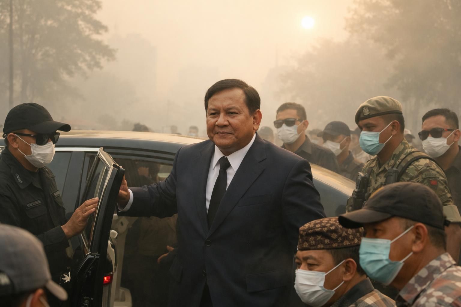kedatangan prabowo di pekanbaru disambut dengan kabut asap tebal akibat kebakaran hutan dan lahan (karhutla) yang masih berlangsung.