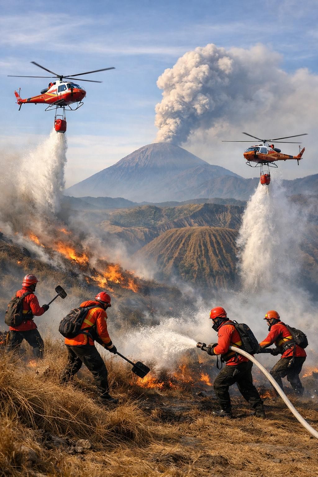 menhut meninjau strategi penanggulangan kebakaran di bromo dengan mengoptimalkan penggunaan water bombing untuk memadamkan api secara efektif dan melindungi kawasan wisata.