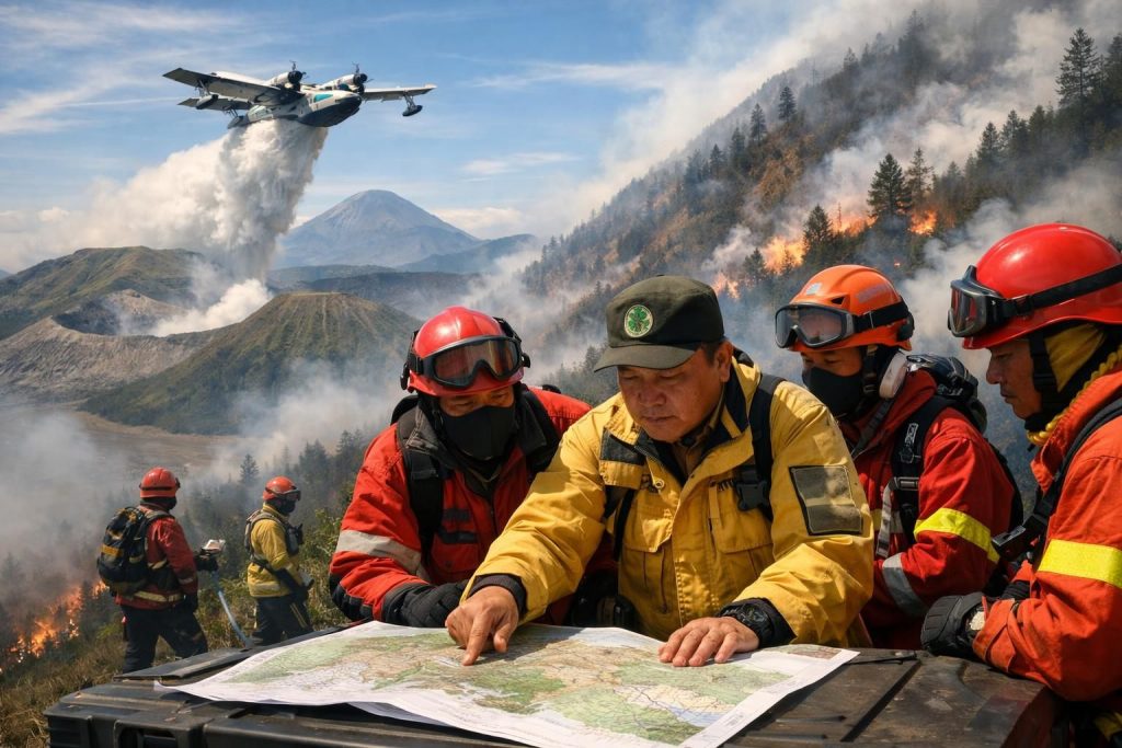 menteri kehutanan meninjau strategi penanggulangan kebakaran di gunung bromo dengan mengoptimalkan penggunaan water bombing untuk melindungi kawasan hutan dan memastikan keselamatan lingkungan.