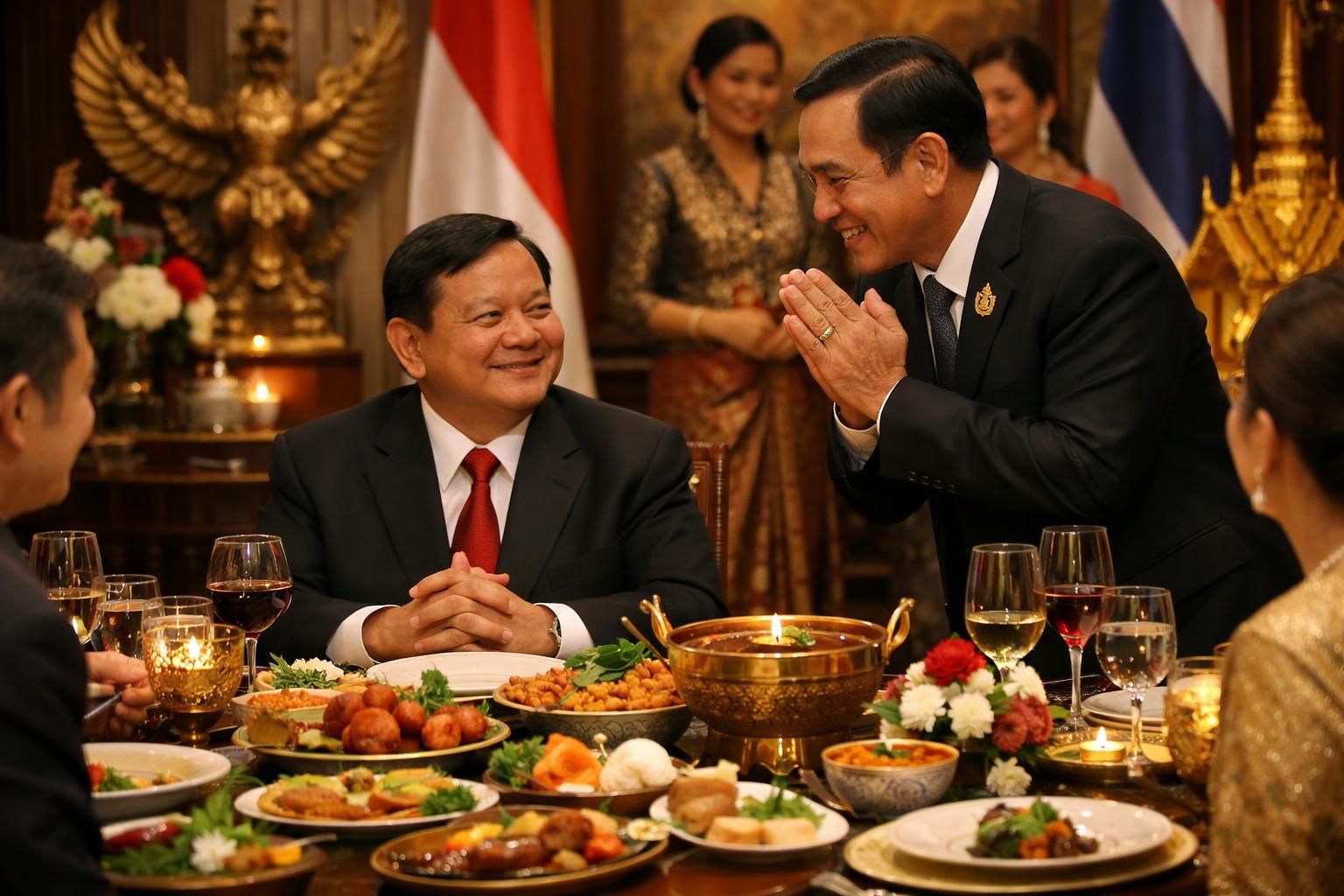 prabowo menyelenggarakan makan malam persahabatan yang hangat, dengan pm thailand memberikan pujian dan dukungan penuh.